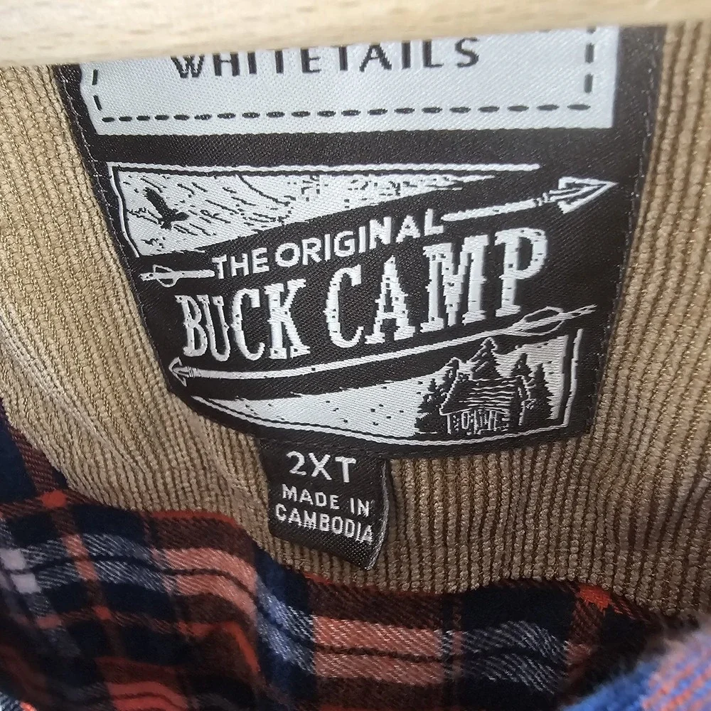 Legendary Whitetails Flannel Shirt Sz 2XLT Orange Plaid Fall Corduroy Trim Buck